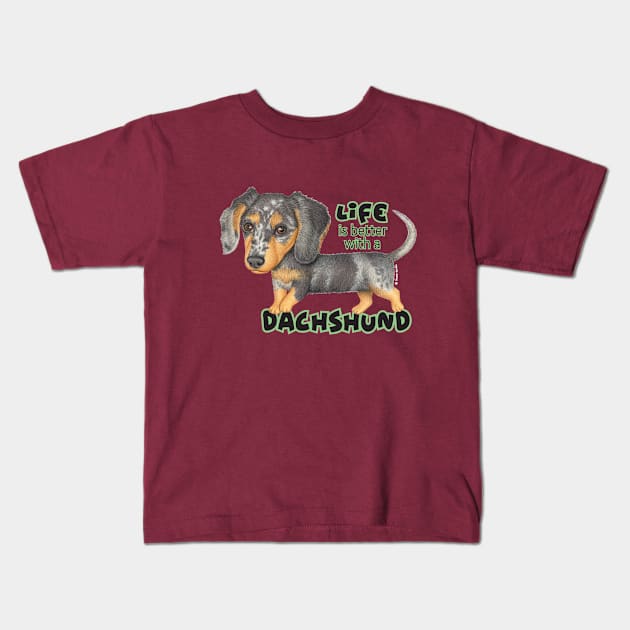 Cute doxie dog walking with attitude on Dappled Dachshund Walking Kids T-Shirt by Danny Gordon Art